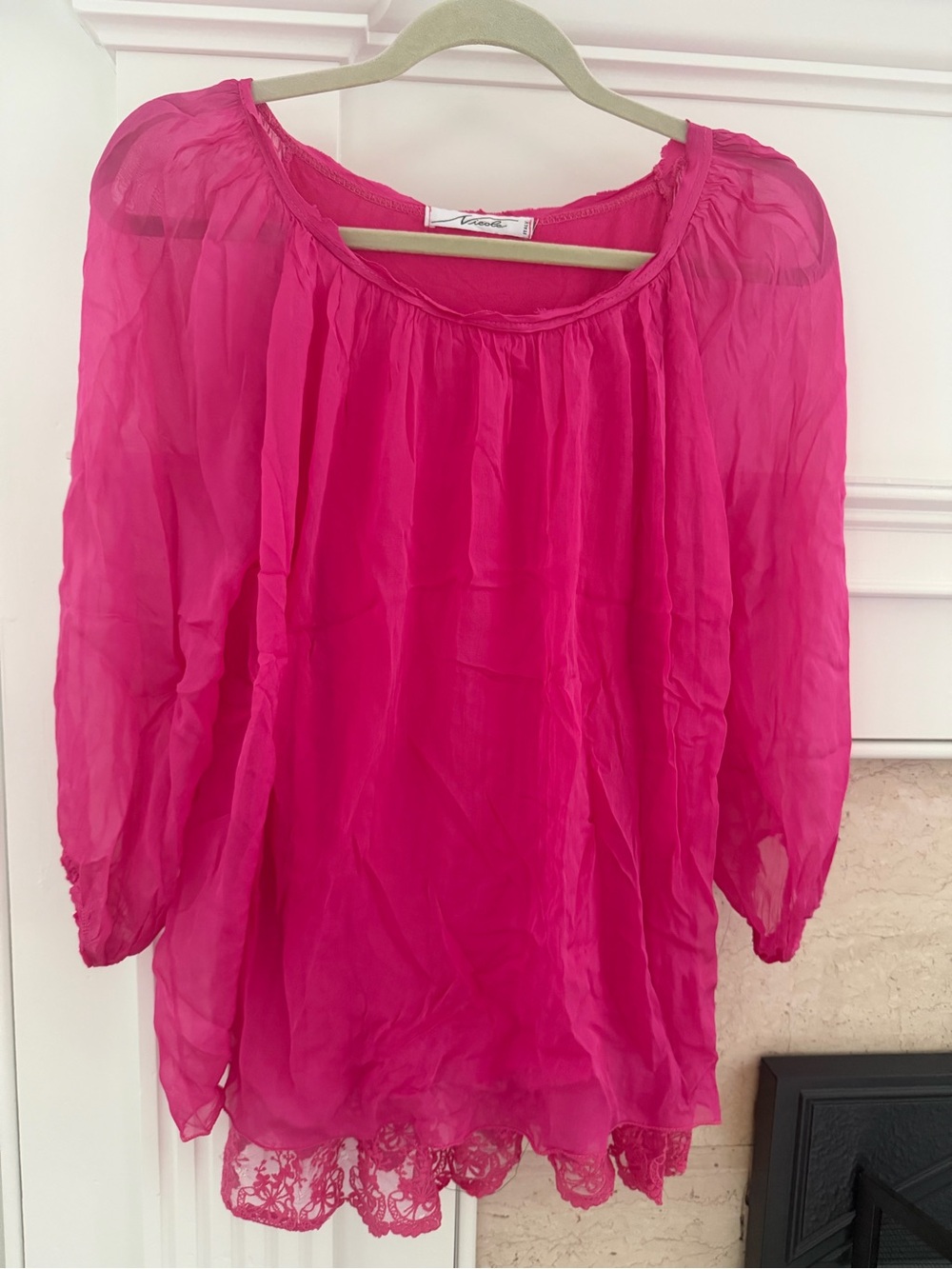 Nicole Silk Pink Sheer Lace Trim Bohemian Italian Feminine Peasant Blouse